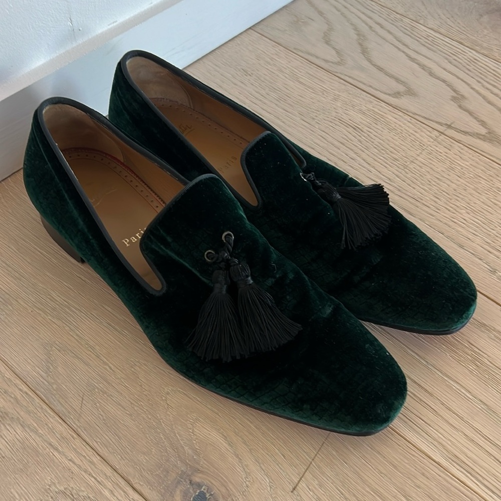 Green Louboutin tassel loafers